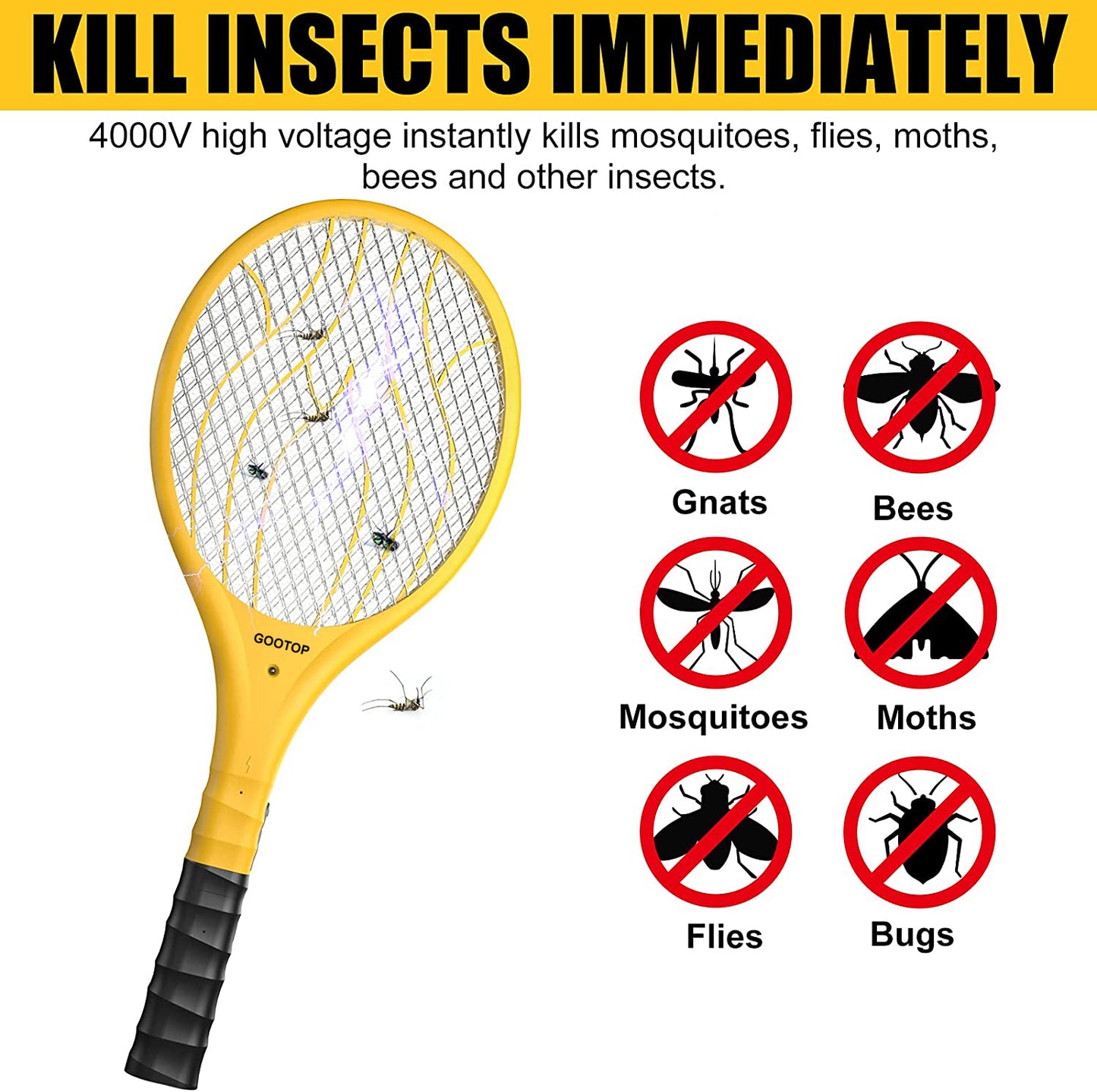 GOOTOP Bug Zapper, 2 in 1 Electric Fly Swatter & Detachable Flashlight 4,000 Volt, USB Charging Cable Fly Zapper for Indoor and Outdoor